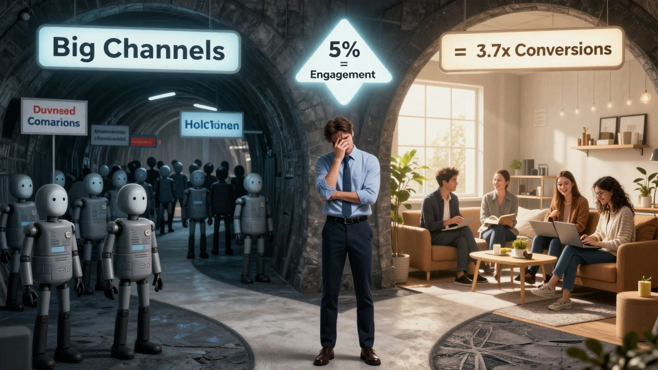 Бизнесмен на распутье: один путь ведет к туннелю ботов, другой — к светлому чату с реальными клиентами и ростом конверсий.