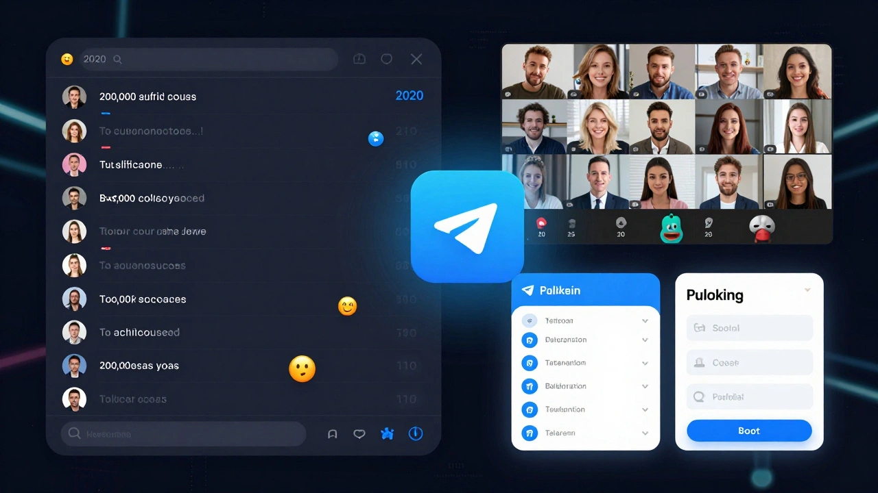 Большая группа в Telegram с видеозвонком, ботом и анимированными стикерами в темной теме оформления.