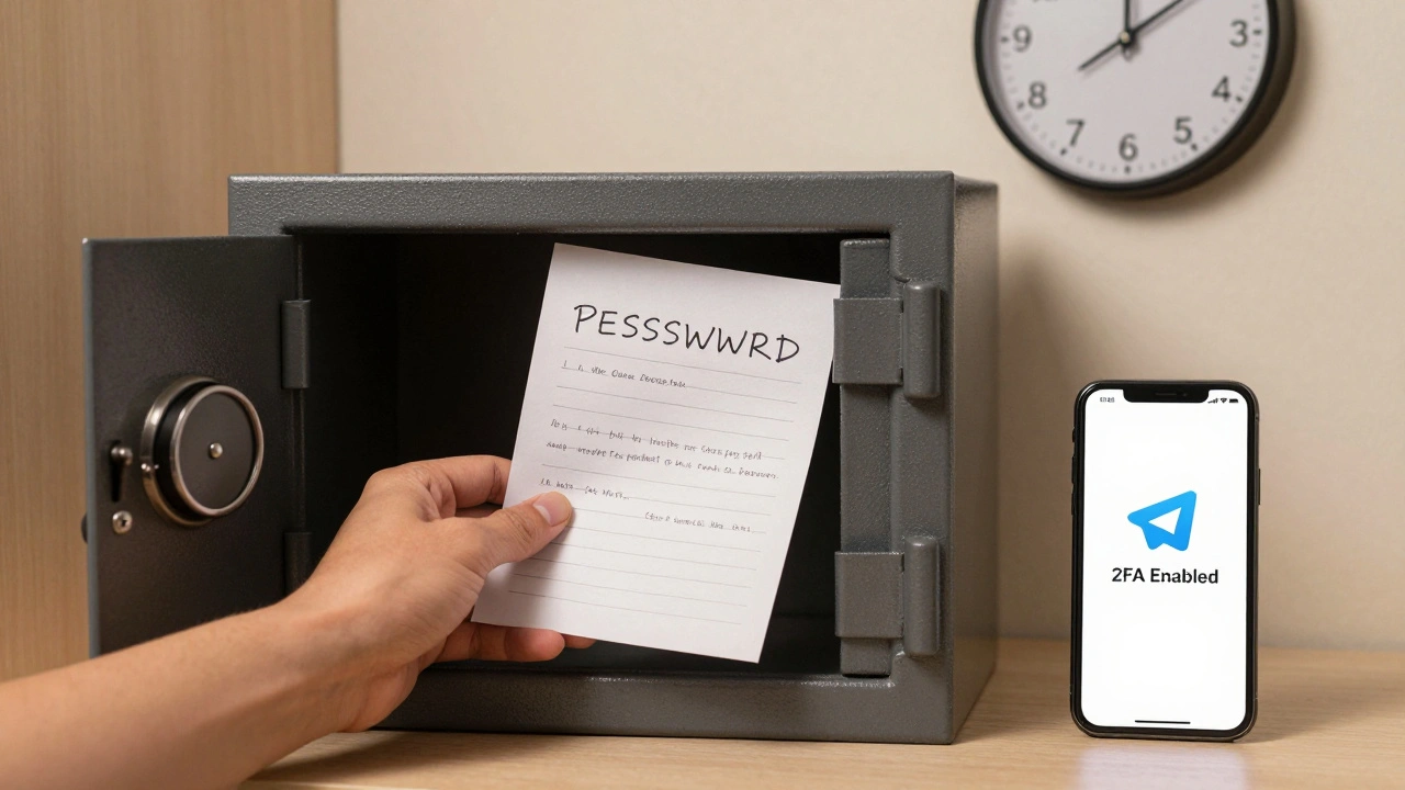 Бумажка с паролем в сейфе рядом с телефоном, на котором включена двухэтапная аутентификация.
