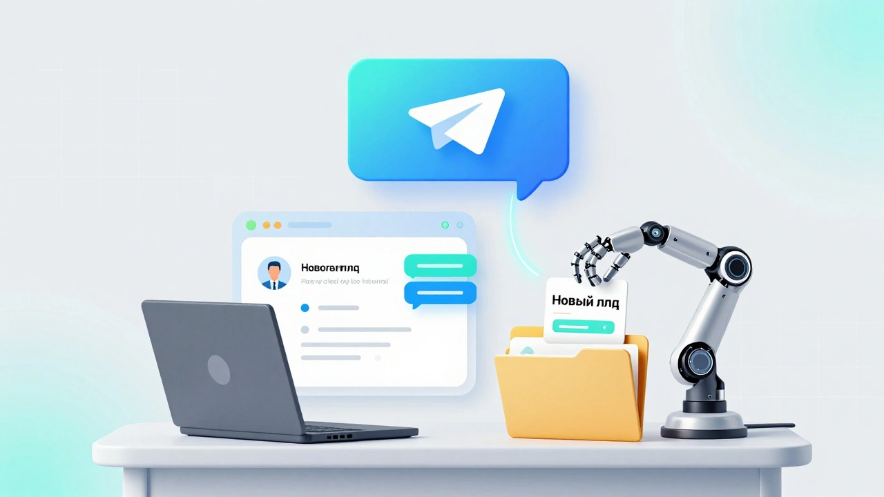 Чат Telegram соединён с CRM-профилем клиента через светящиеся потоки данных и автоматические ответы.