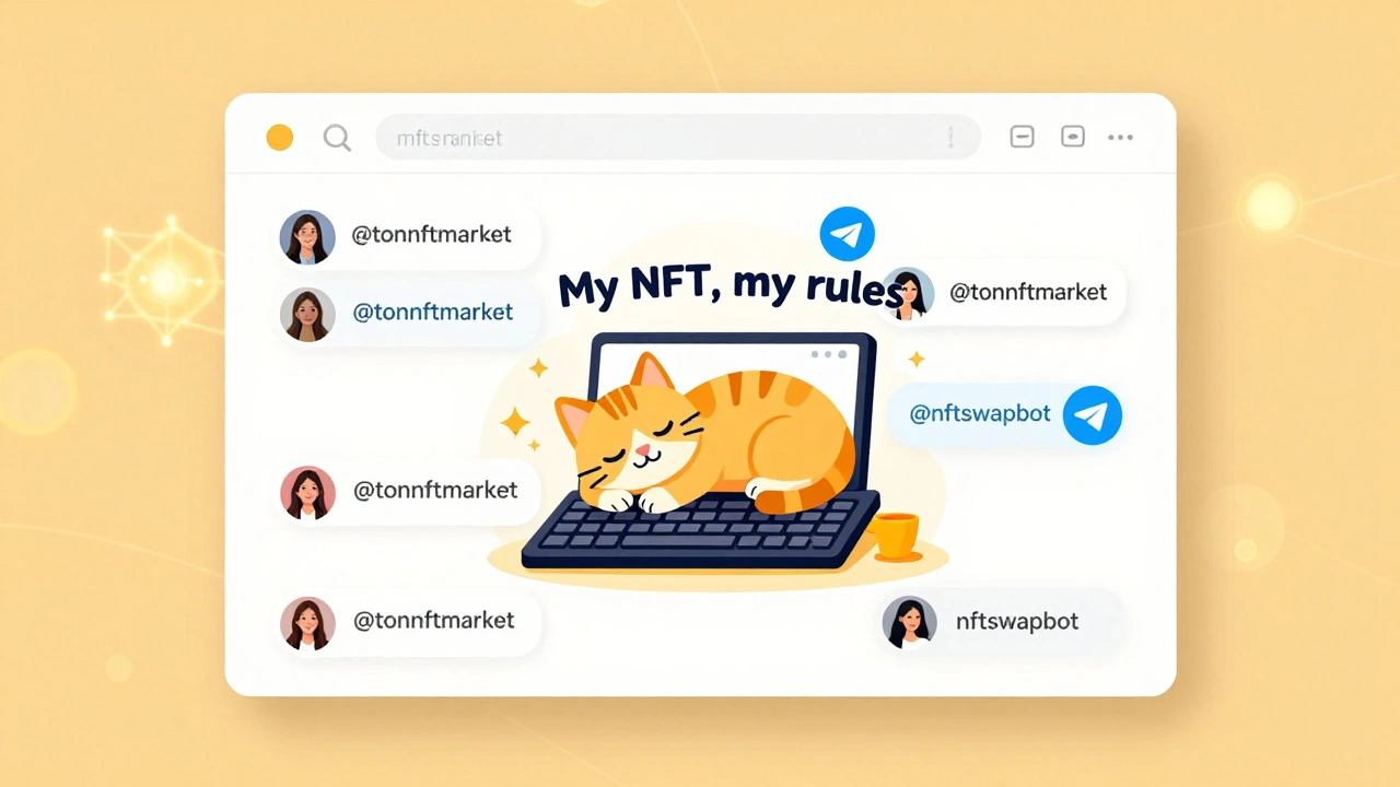 Чат в Telegram с пользователями, покупающими NFT с изображением кота на клавиатуре и маркетплейсами в окне.