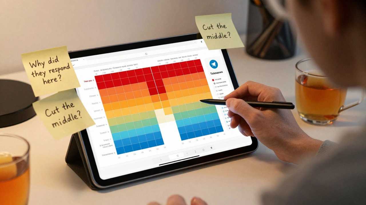 Человек анализирует тепловую карту реакции на Telegram-пост за столом с заметками.