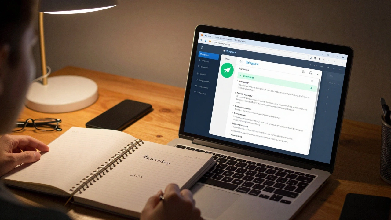 Человек добавляет сообщение в закладки в Telegram на ноутбуке, рядом заметки с хэштегами и датами.