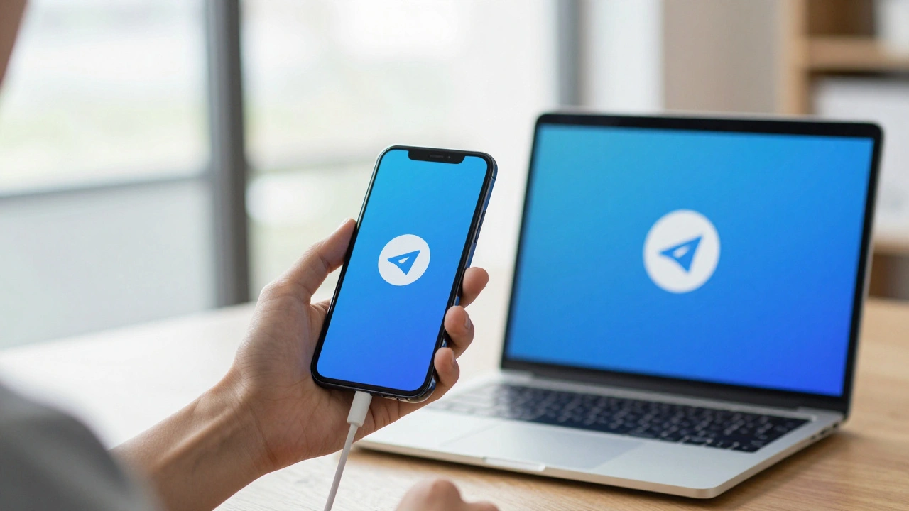 Человек использует мобильный интернет для доступа к Telegram на рабочем ноутбуке.