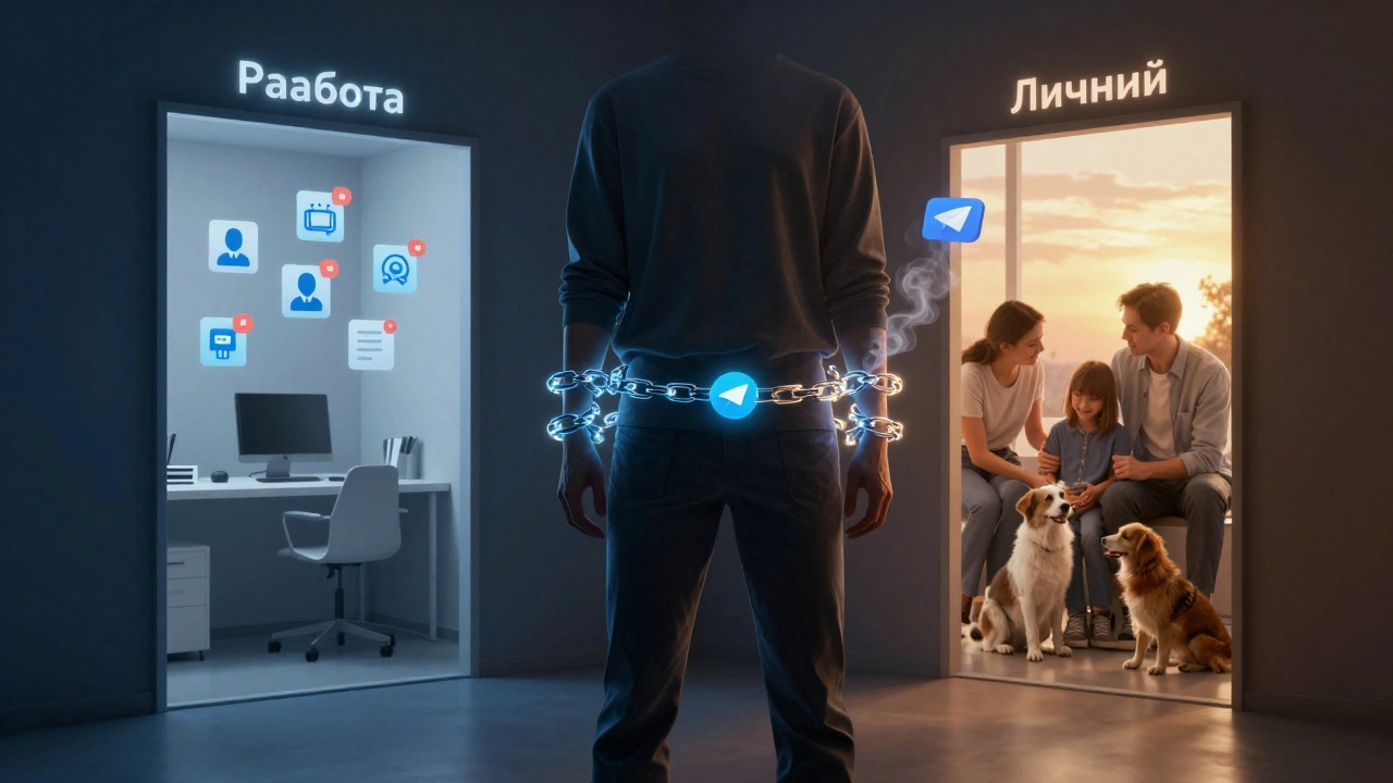 Человек между двумя цифровыми мирами: работа и личная жизнь, разделяемые светящимися порталами.