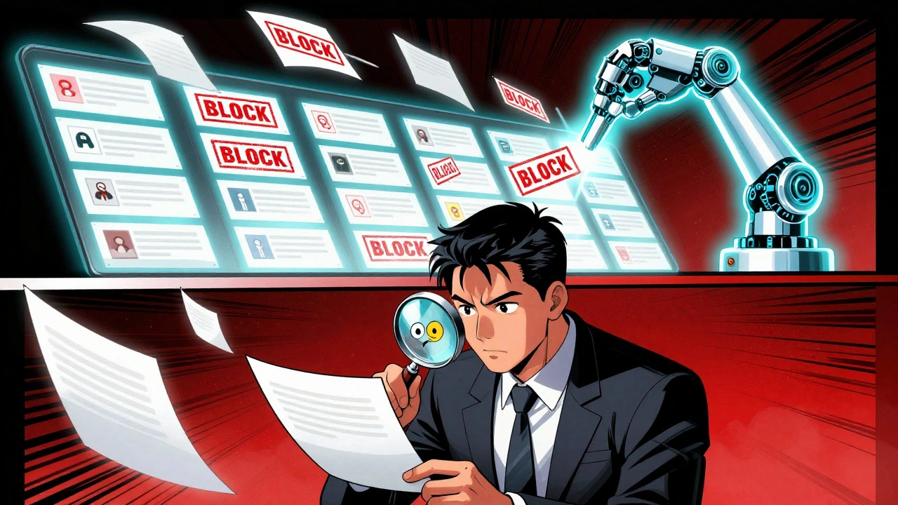 Человек-модератор проверяет подозрительное сообщение, в то время как бот фильтрует спам.