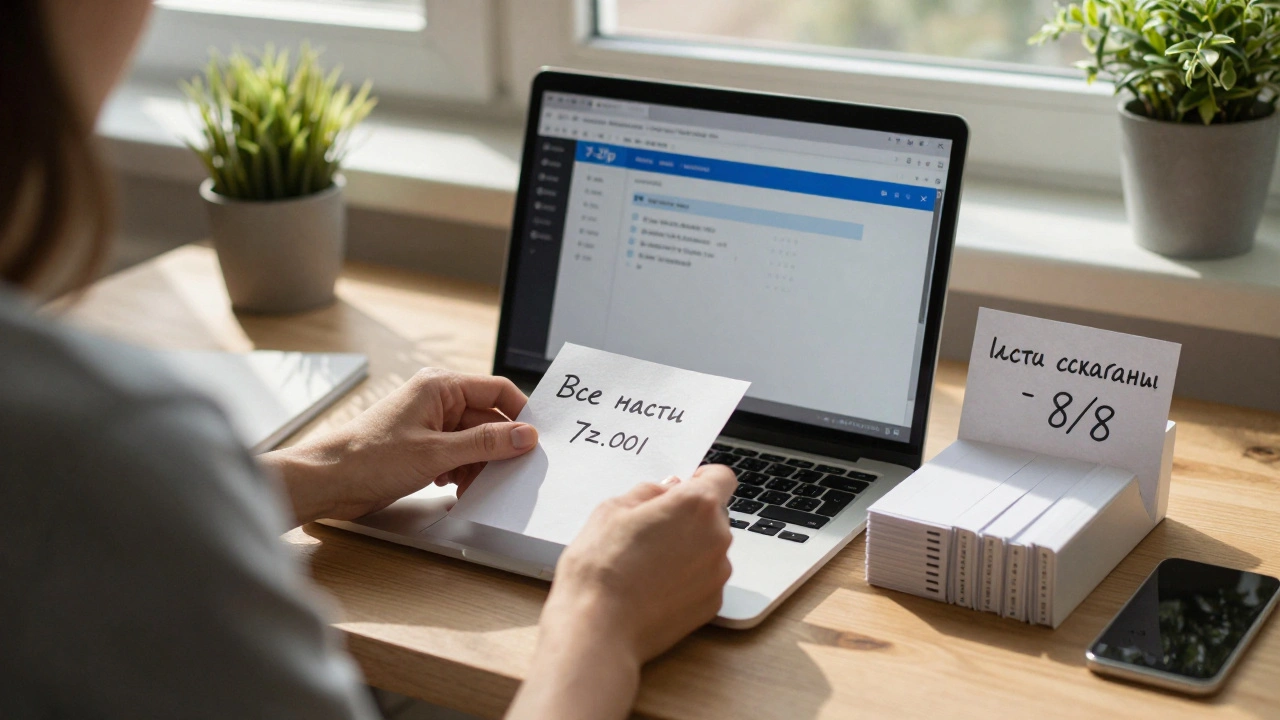 Человек открывает первую часть архива на ноутбуке, остальные части лежат рядом.