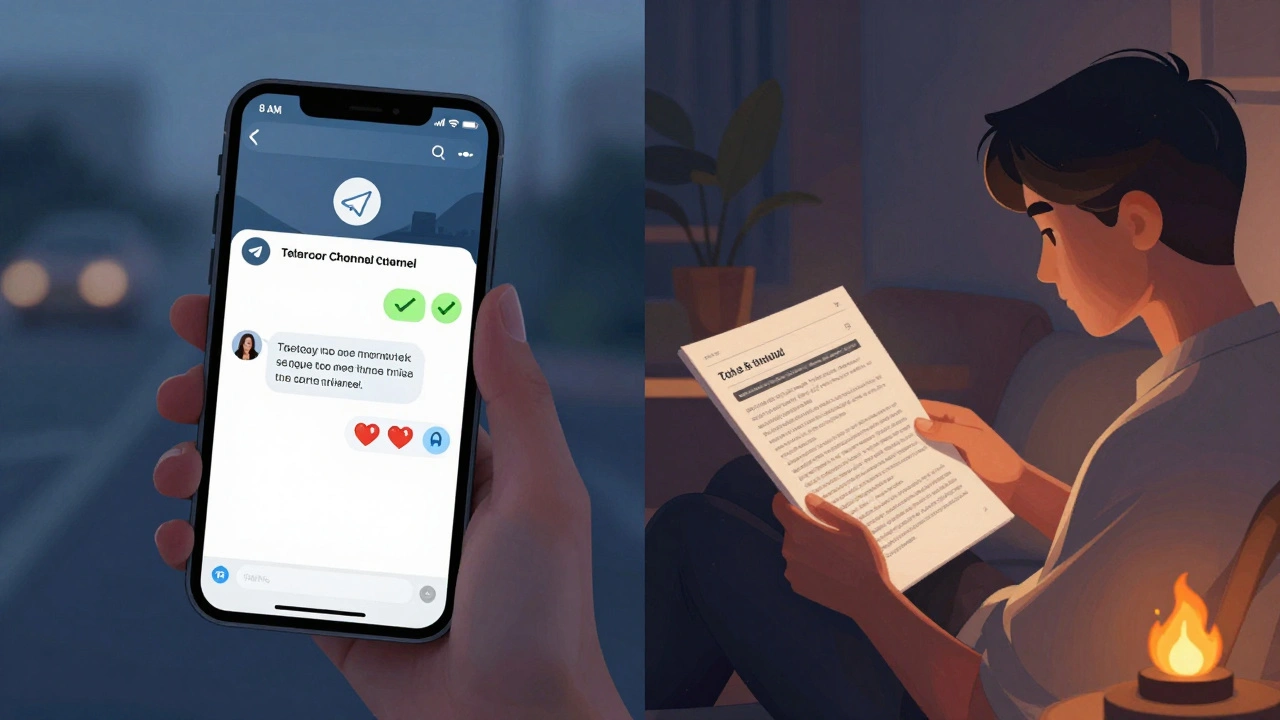 Человек смотрит на телефон: утром — короткий факт, вечером — кейс. Разные реакции.