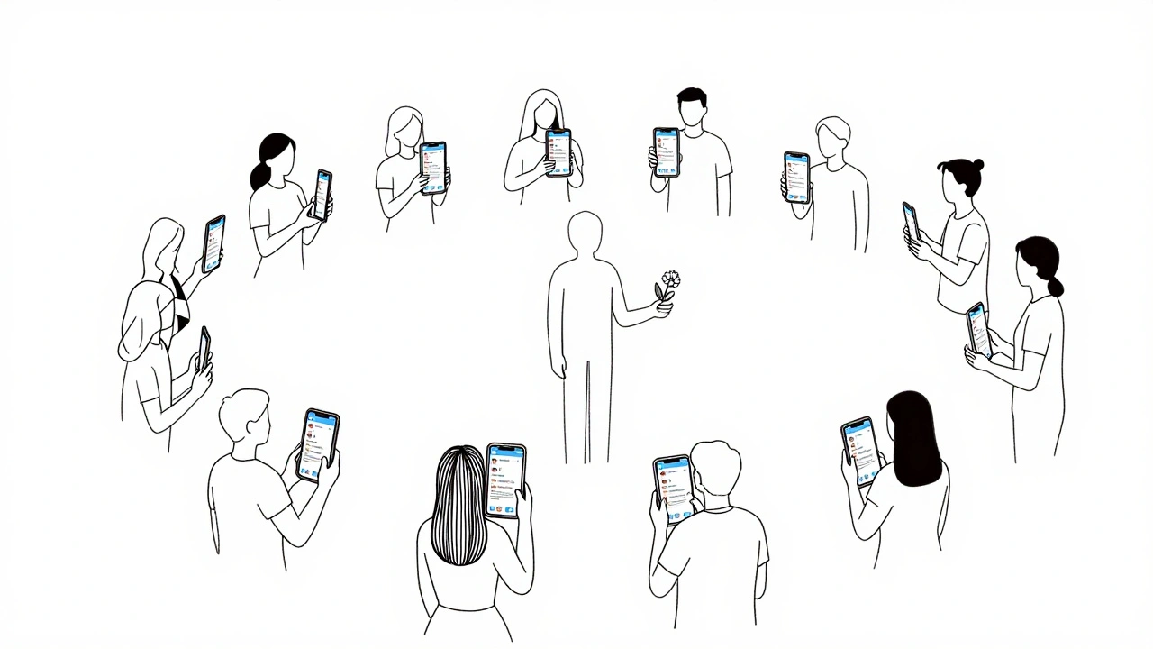 Человек в центре круга других людей с телефонами, показывающими благодарные сообщения в Telegram.