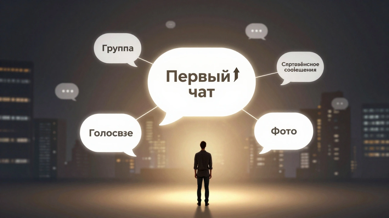 Человек в центре сети чатов, один из них выделен как первый.