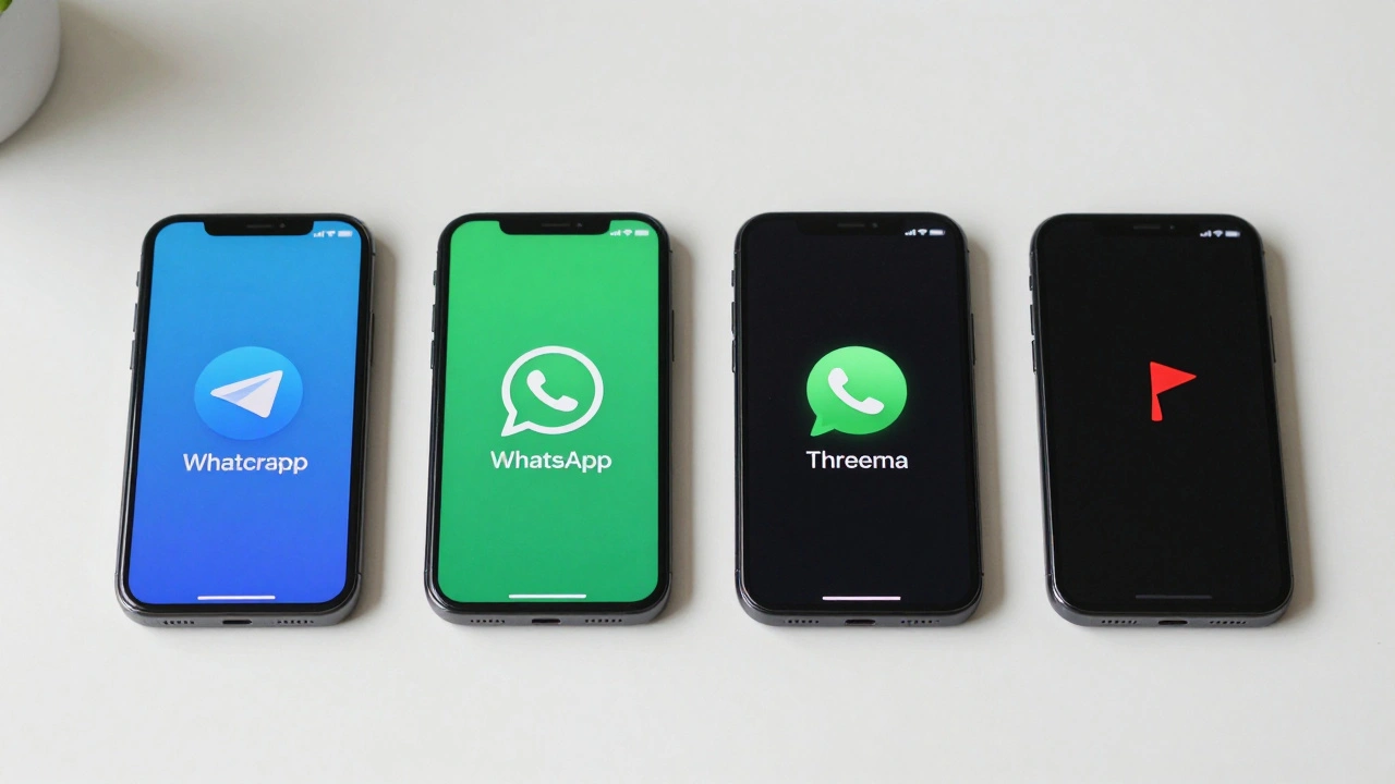 Четыре смартфона с разными мессенджерами, Signal выделяется зеленым щитом.