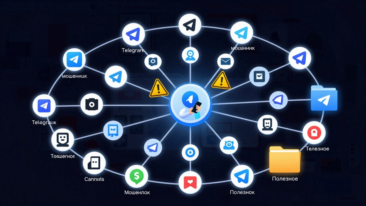 Цифровая экосистема Telegram с безопасными и опасными элементами, организованными в папку.