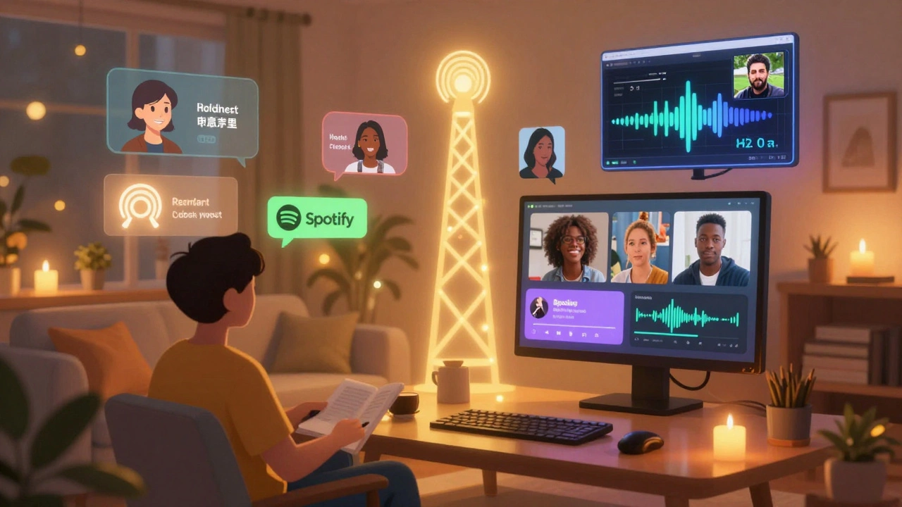 Цифровая гостиная с голосовыми каналами, мемами и музыкальными волнами, где пользователи общаются в живом режиме.