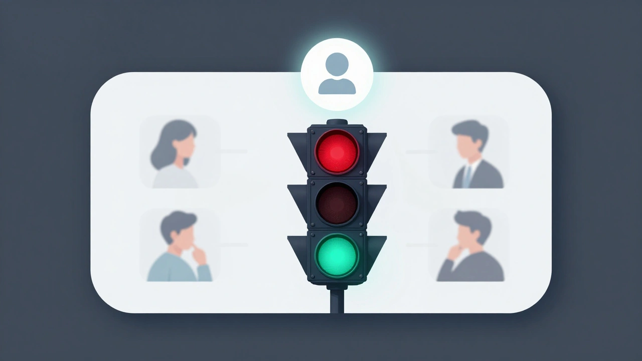 Цифровая иллюстрация светофора над чатом: зелёный — можно писать, красный — ждать, модератор не ограничен.