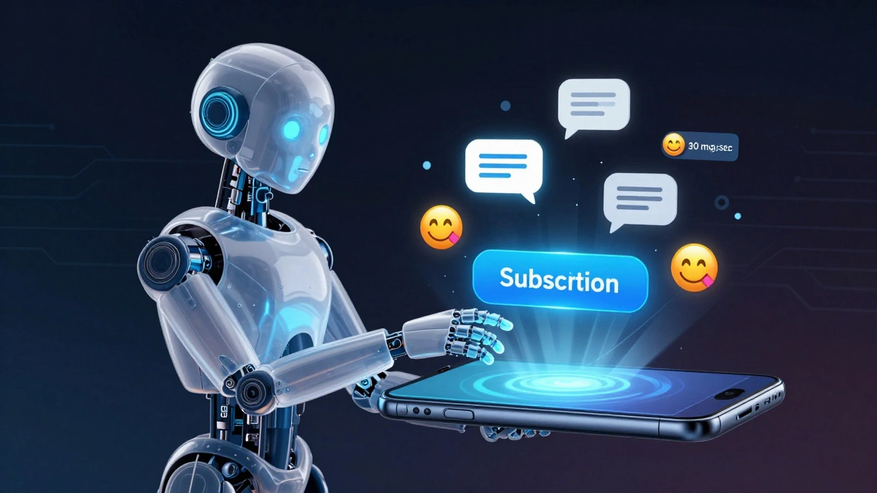 Цифровой бот предлагает кнопку подписки пользователю через экран телефона, символизируя безопасную рассылку.