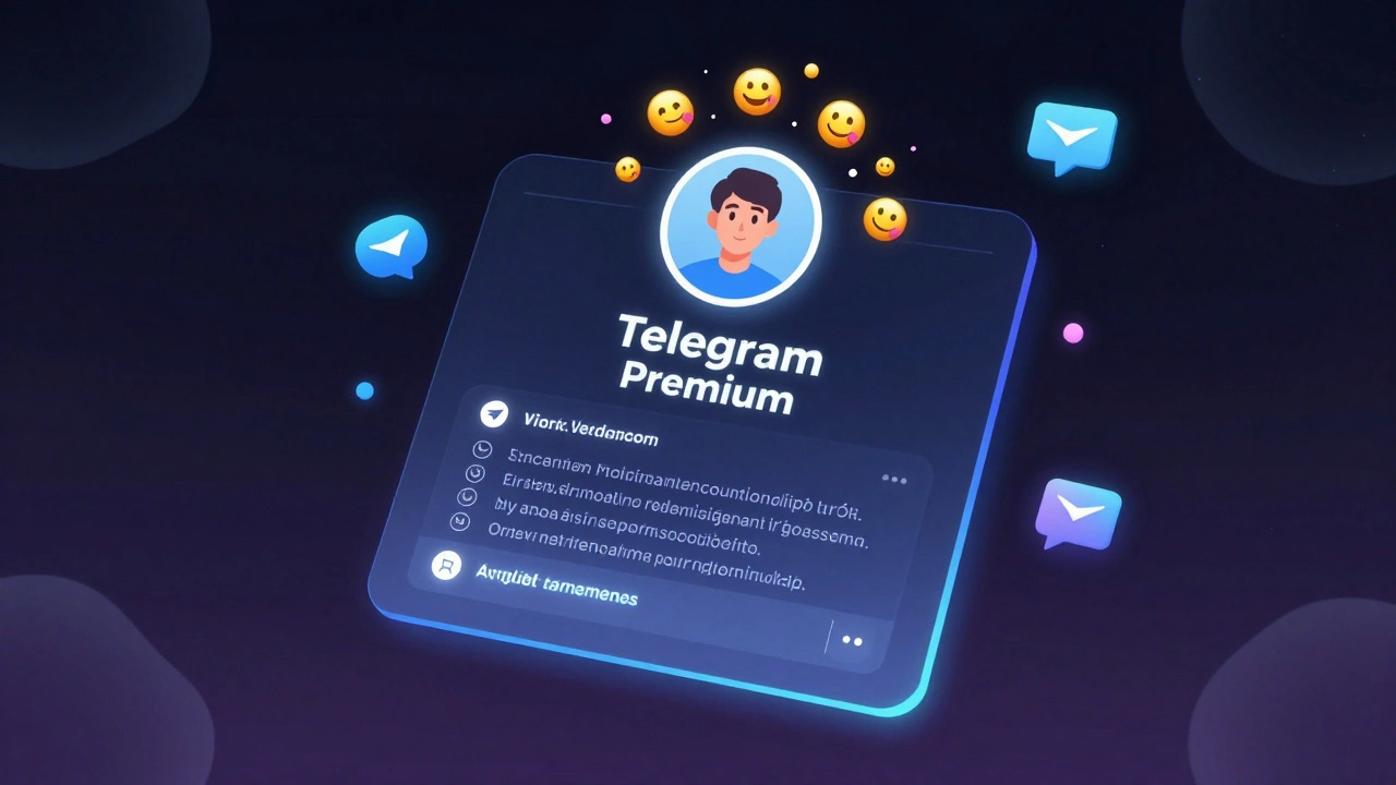 Цифровой профиль Telegram с анимированным эмодзи и биографией с ссылками на фоне тёмного градиента.