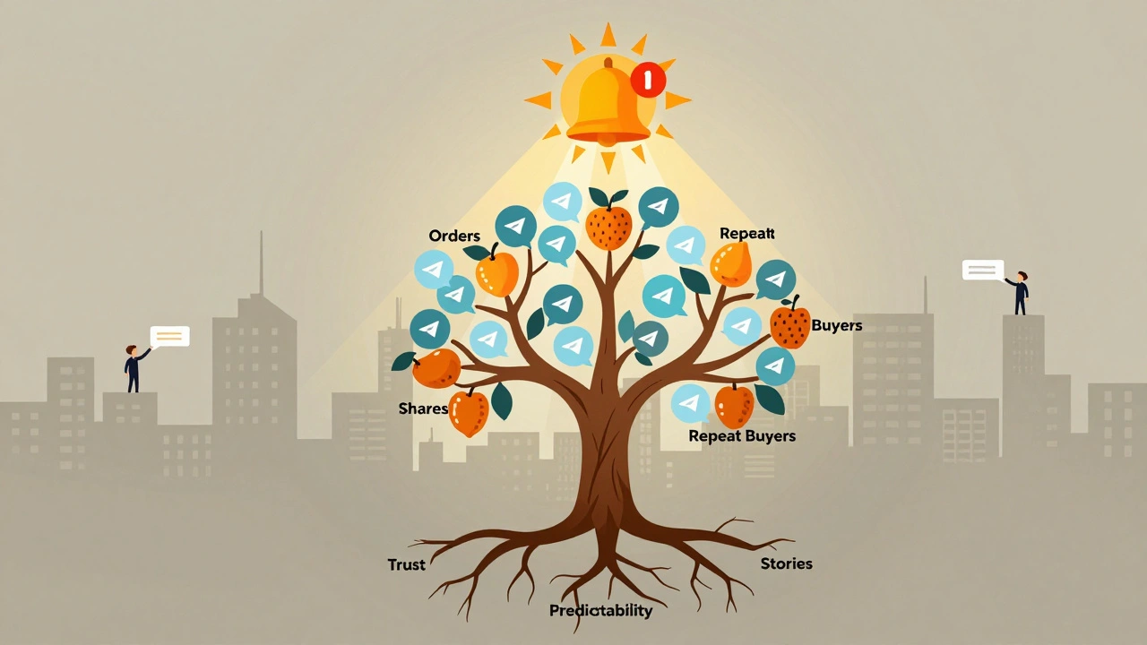 Дерево доверия с корнями в предсказуемости и историях, ветви несут заказы и пересылки, стиль символической иллюстрации.