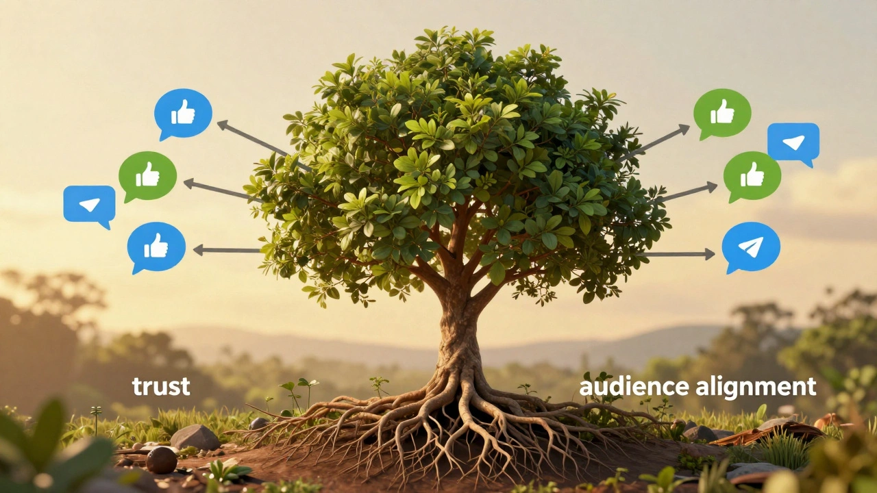 Дерево доверия с ветвями, соединяющими два Telegram-канала, символизирующее рост через партнерство.