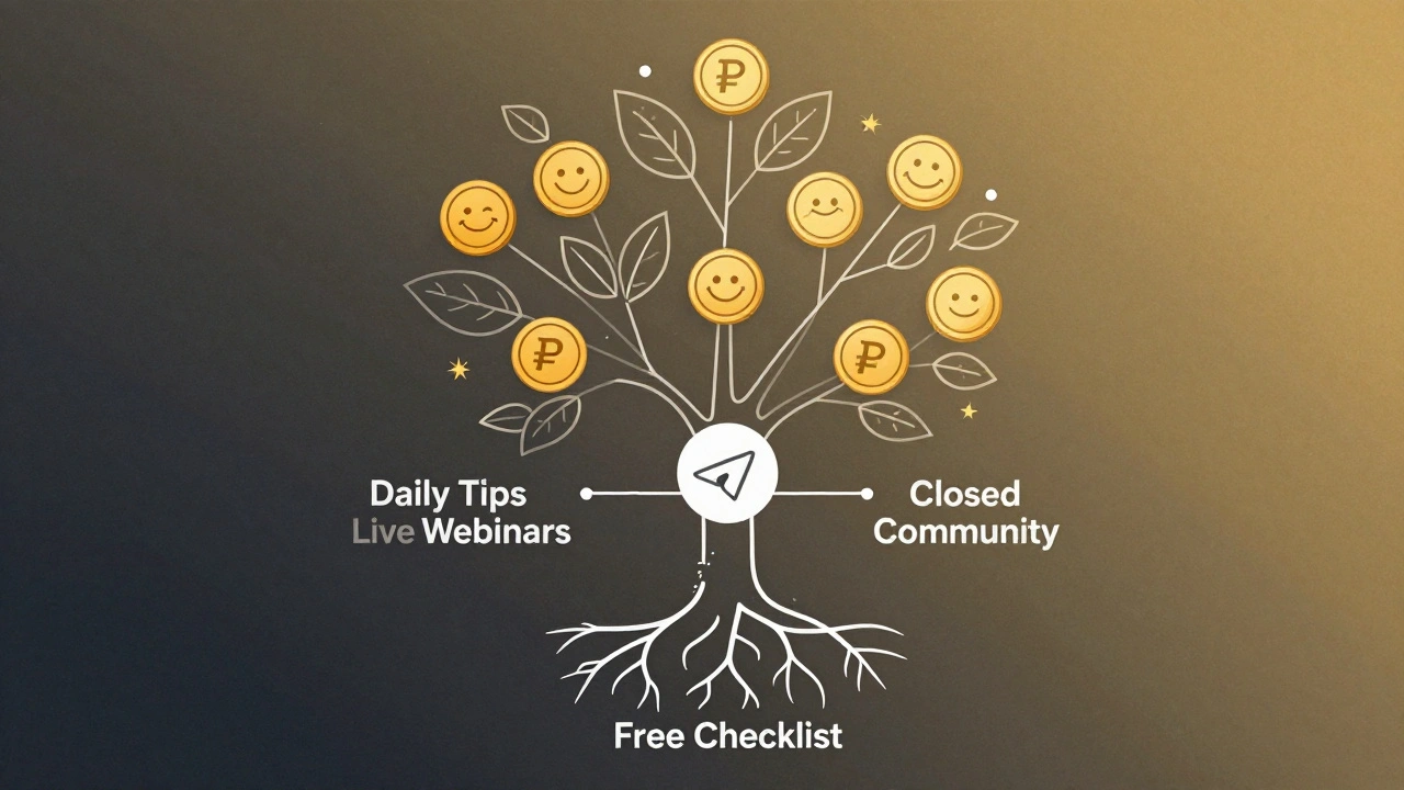 Дерево растет из Telegram-канала, листья — это монеты и улыбающиеся лица, символизируя органический рост без рекламы.