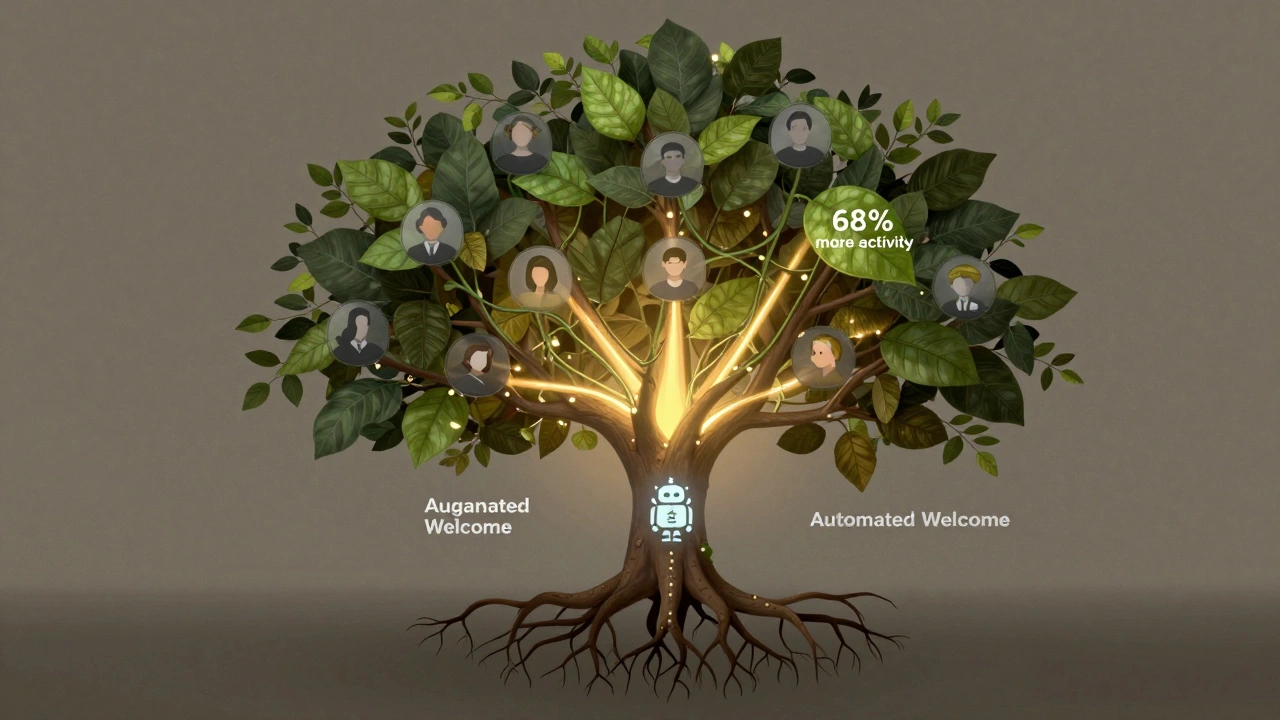 Дерево сообщества, корни которого — автоматическое приветствие, листья — вовлечённые участники.