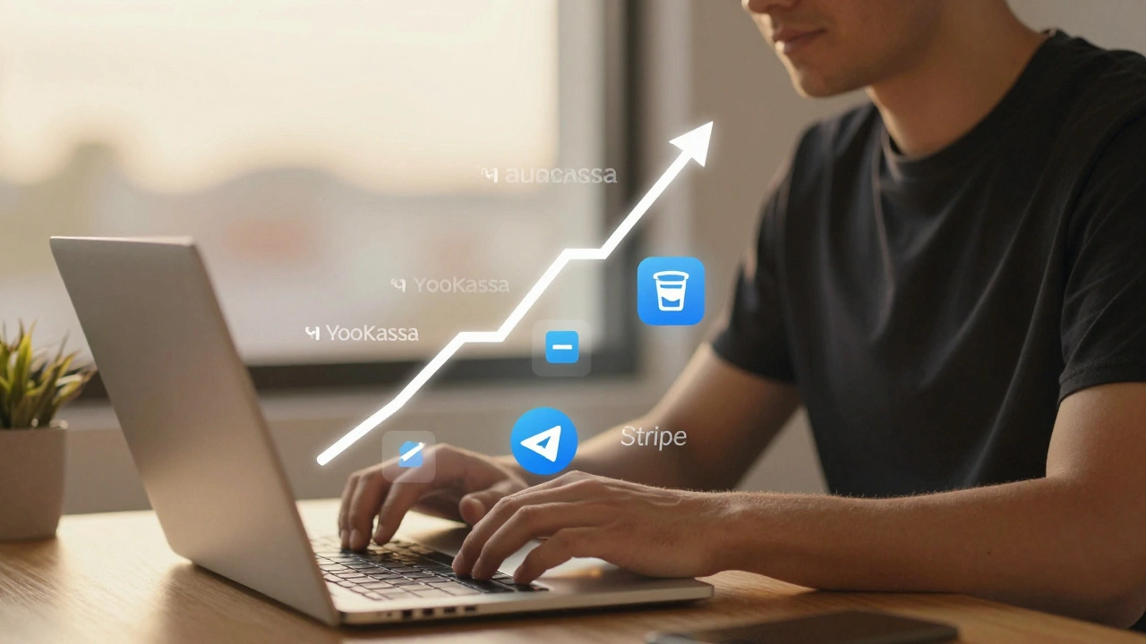 Диаграмма роста дохода от автоматических подписок в Telegram с логотипами платежных систем.