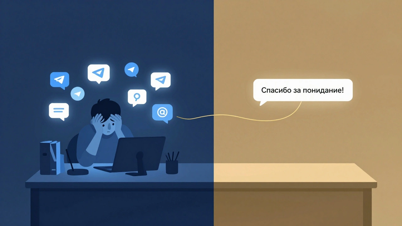 Два мира: хаос рабочего чата и спокойствие с автоответом, соединённые золотой нитью.