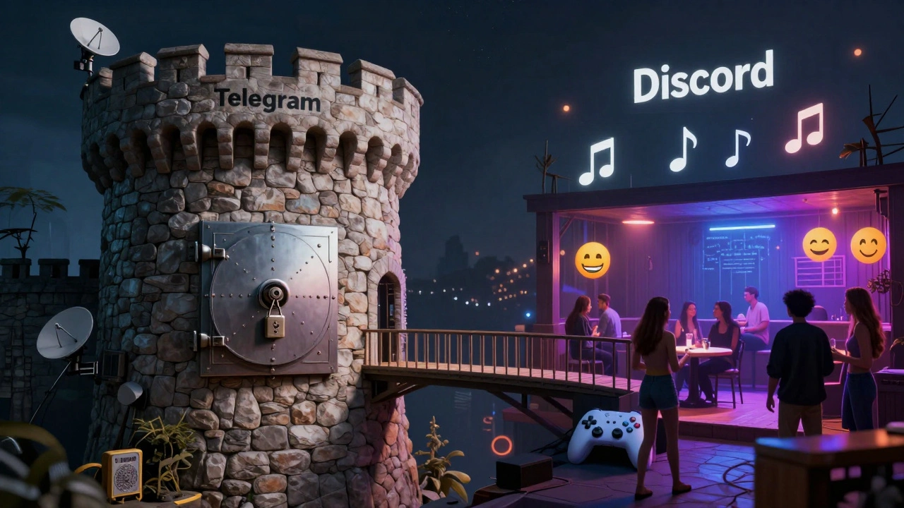 Два мира: крепость Telegram и дом Discord, соединённые мостом, символизируя их дополнительные роли в общении.