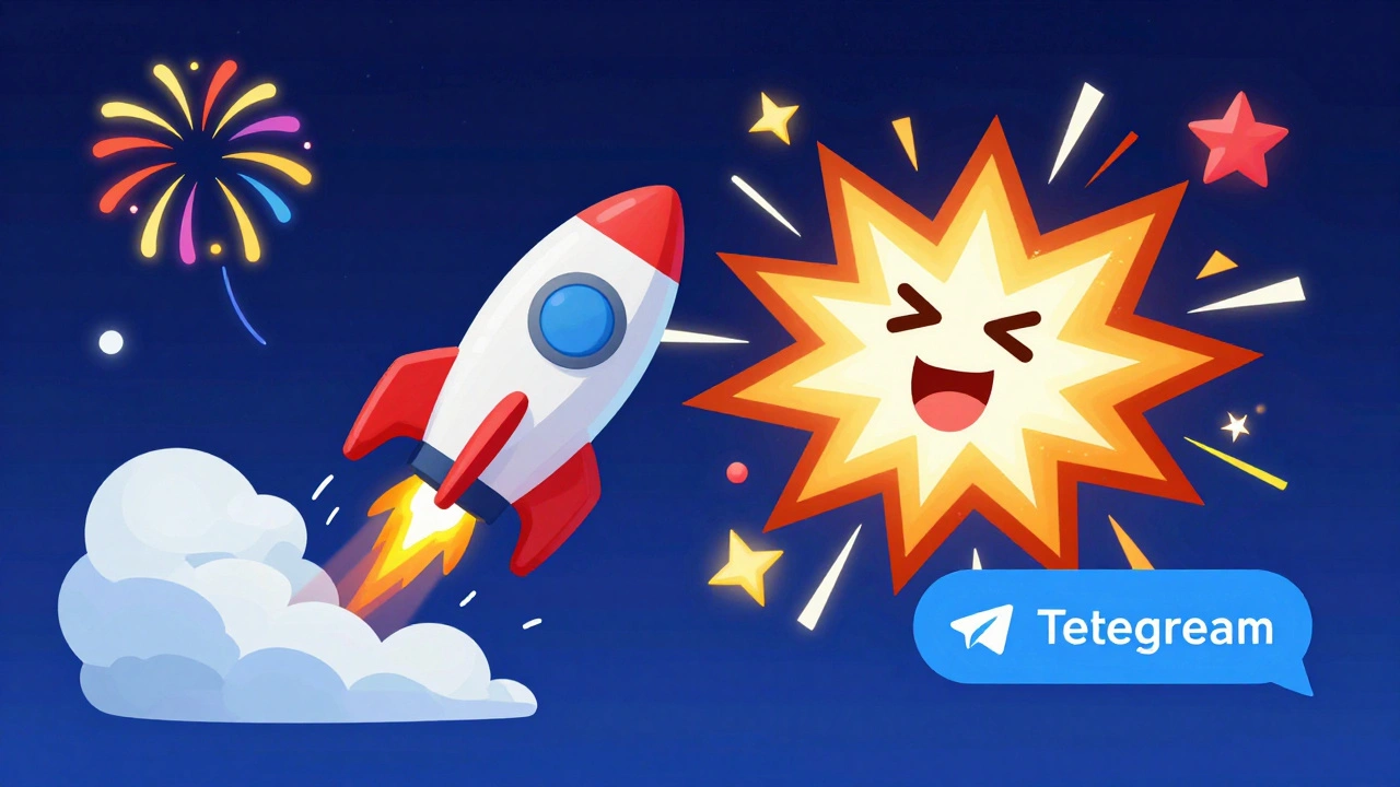 Эмодзи-баттл в чате: ракета 🚀 сталкивается с взрывом 💥 среди огней 🎉 и звёзд 🤩.