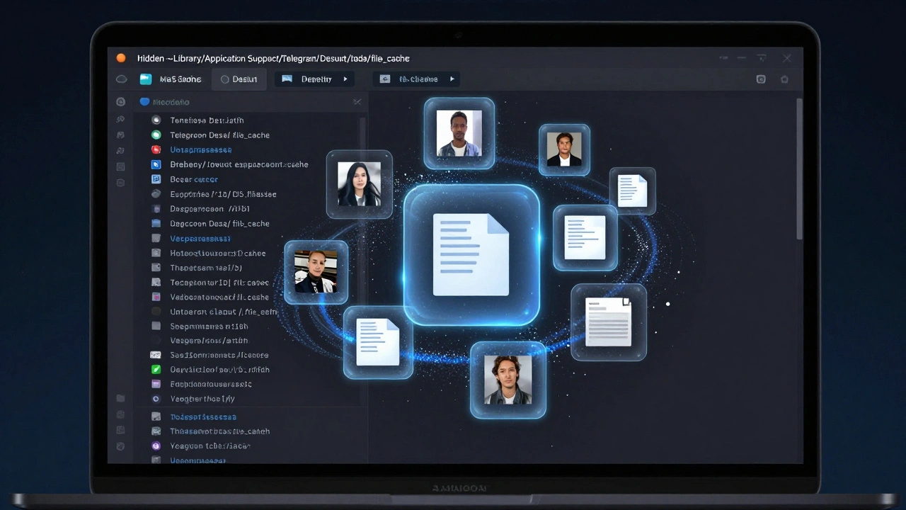 Файлы кэша Telegram в Finder на macOS, представленные прозрачными иконками с цифровыми частицами.