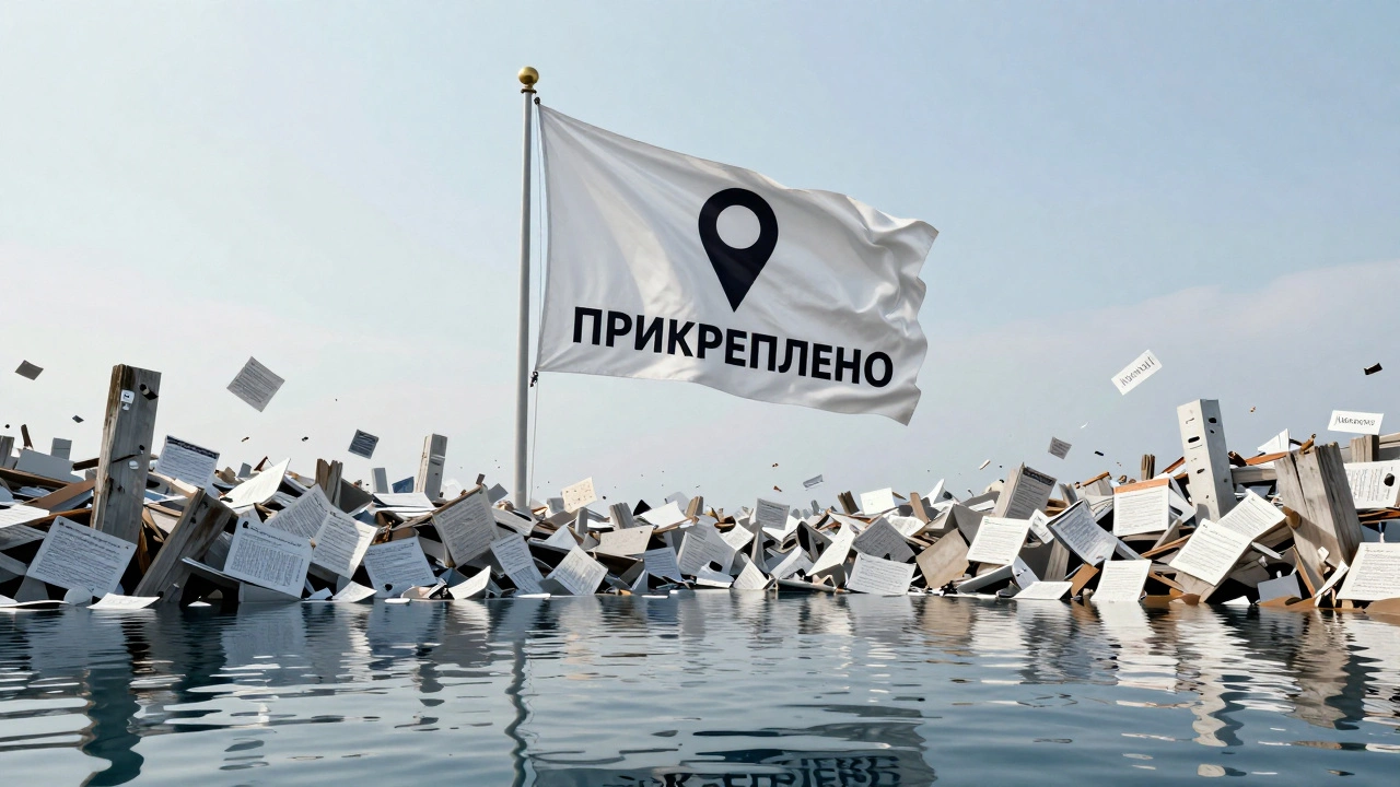 Флаг с значком 📌 на корабле, плывущем среди тонущих цифровых сообщений — символ порядка в хаосе.