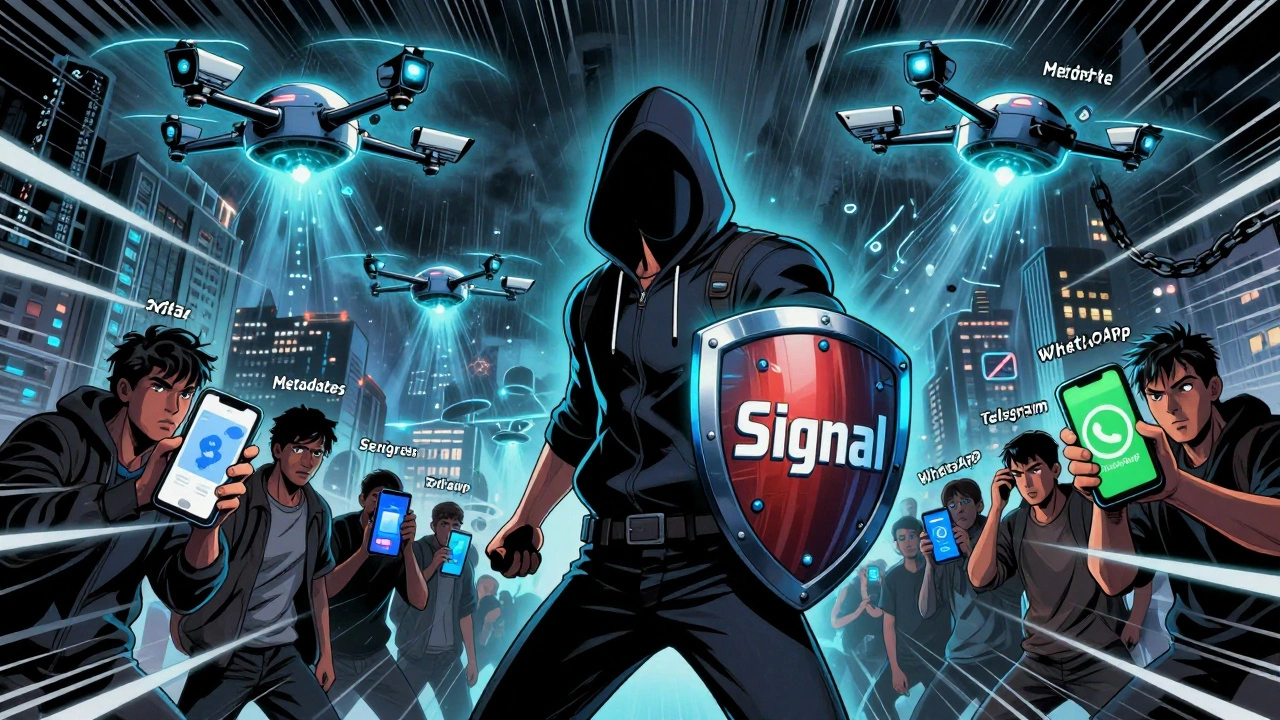 Герой с щитом Signal против шторма шпионских дронов и цепей данных в стиле комикса.