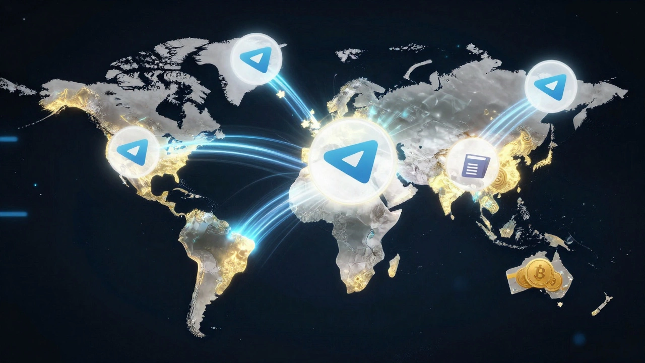 Глобальная карта с потоками платежей через Telegram, соединяющими 120 стран, с иконками способов оплаты.