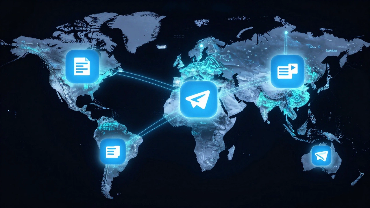 Глобальная карта с соединениями Telegram между городами, передающими файлы, в отличие от изолированных узлов iMessage.