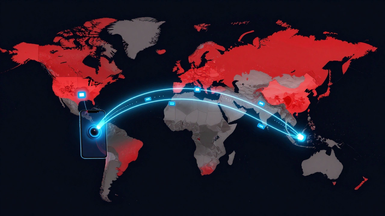 Глобальная карта с заблокированными странами и синей туннельной связью от телефона к прокси-серверу, обходящей цензуру.