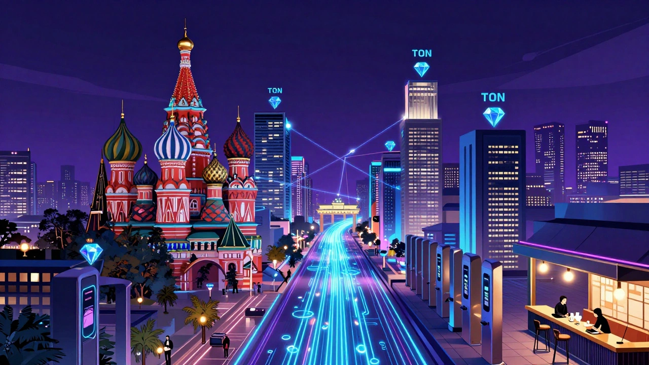 Глобальная сеть цифровых транзакций TON, соединяющая города через светящиеся потоки, с NFT-аватарками над турникетами и кафе.