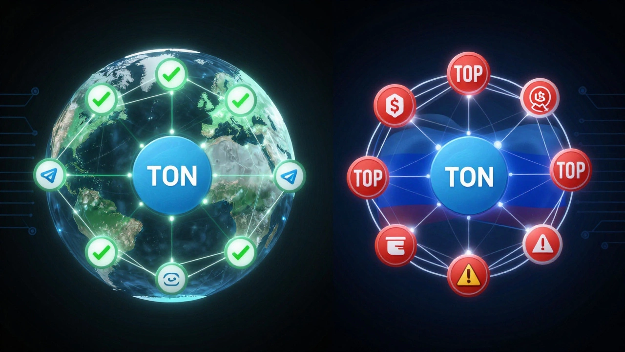 Глобус, разделённый на две части: одна — с разрешённым TON в ЕС, другая — с запретами в России.
