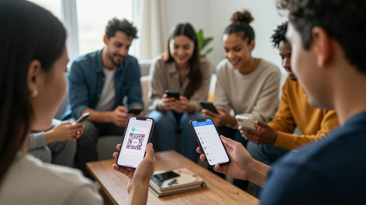 Группа людей сканирует QR-код Telegram, один из них показывает его на телефоне.