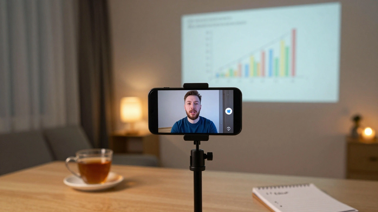 Хозяин трансляции говорит в камеру, на стене за ним проецируется график, в комнате тёплый вечерний свет.