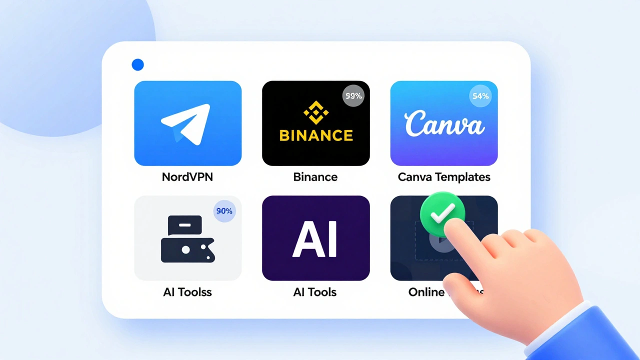 Интерфейс Telegram-канала с пятью партнерскими предложениями: VPN, криптобиржа, шаблоны, AI-инструменты и курсы.