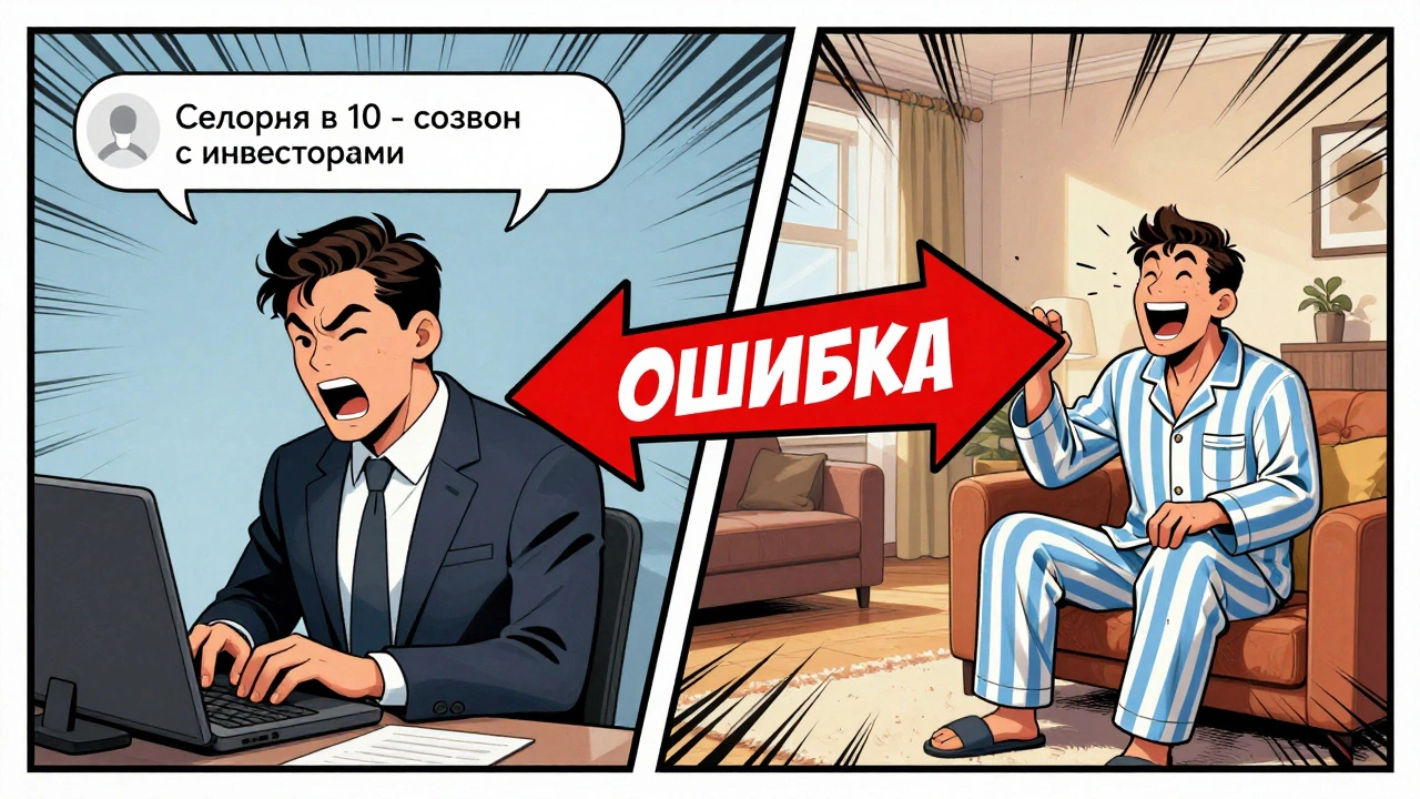 Комикс-сцена: человек ошибочно отправляет рабочее сообщение в личный чат, вокруг — хаос и стрелки ошибок.