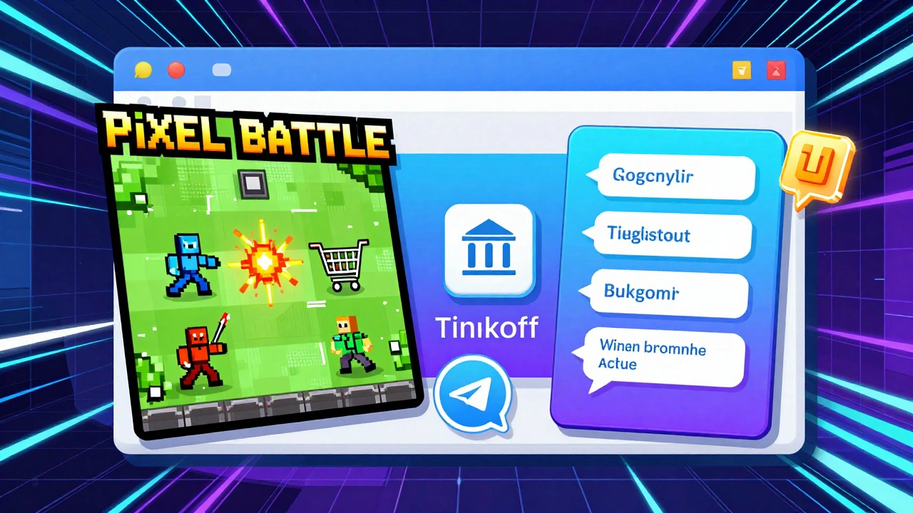 Комикс-стиль иллюстрация: несколько Mini App в Telegram — игра, банк и урок языка — активно работают в одном чате.