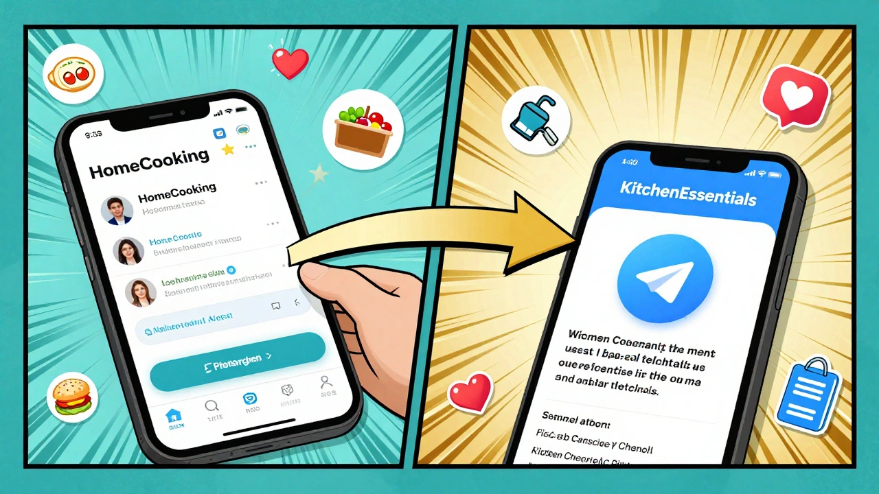 Комикс-стиль: пользователь переходит по ссылке между двумя каналами, вокруг — рецепты, гаджеты и метрики вовлеченности.