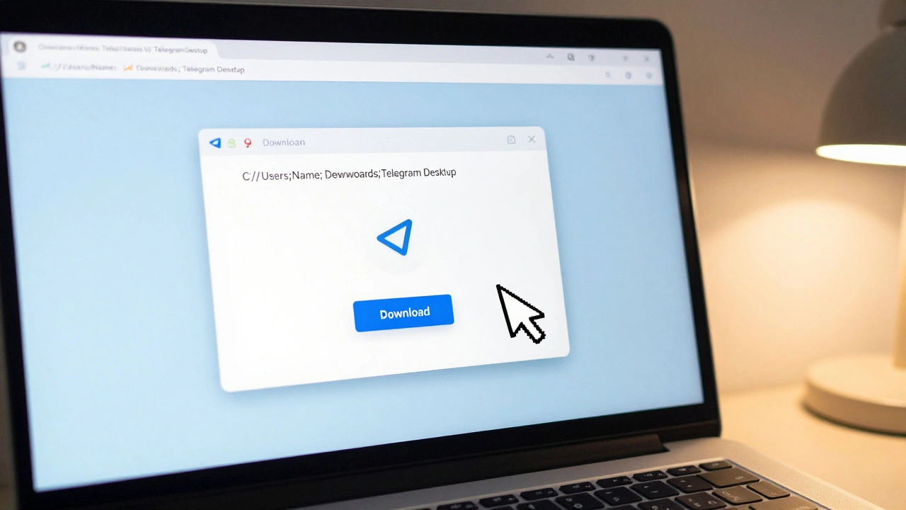 Компьютер с Telegram на экране, курсор наведён на кнопку скачивания файла.