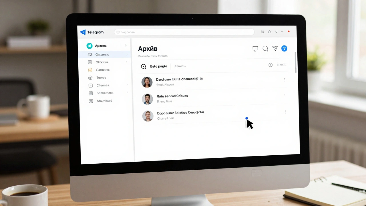 Компьютерный экран Telegram: курсор над архивированным чатом с синей меткой.