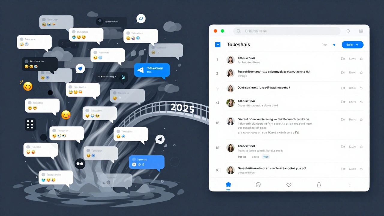 Контраст между хаосом Telegram и порядком Slack в концептуальном изображении.