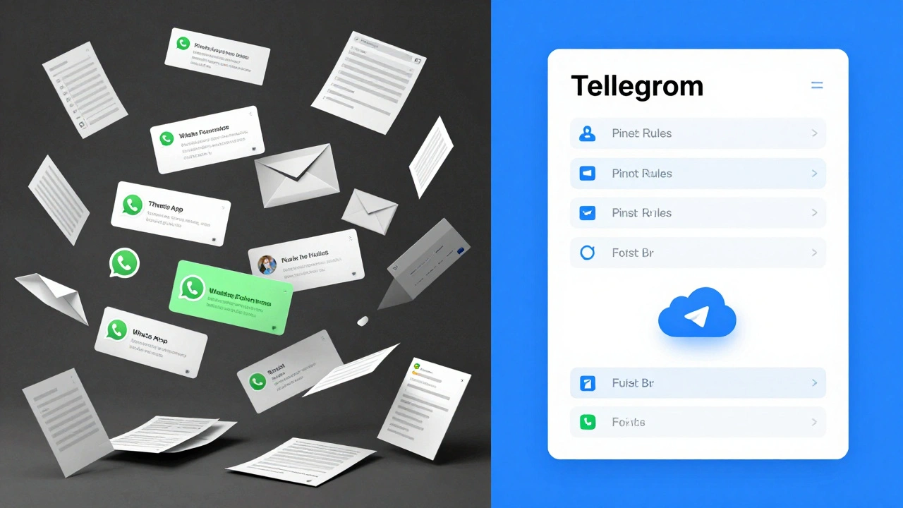 Контраст между хаотичной перепиской слева и организованным рабочим чатом Telegram справа.