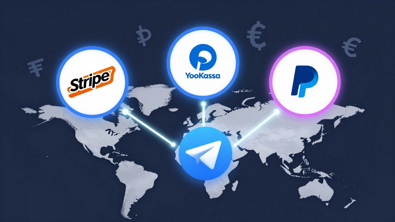 Логотипы Stripe, YooKassa и PayPal с поддерживаемыми валютами, интегрированные с Telegram-ботом