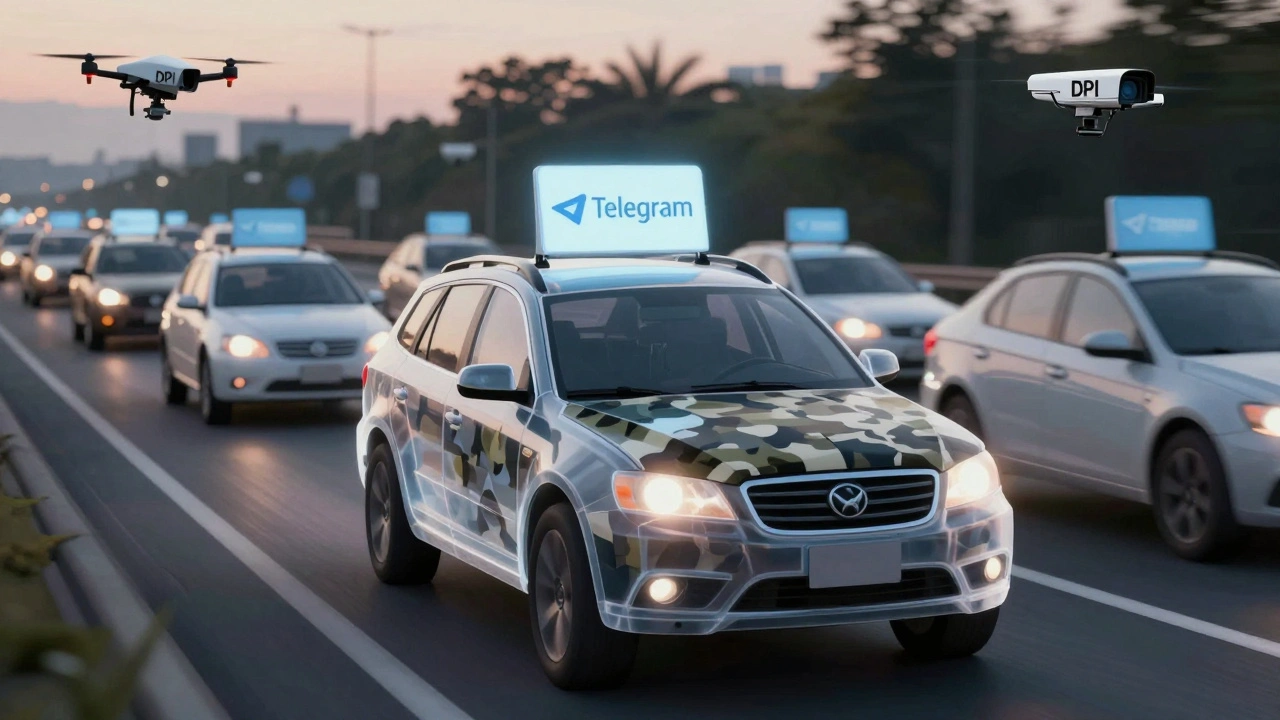 Машина без флага Telegram, сливающаяся с обычным веб-трафиком на дороге.