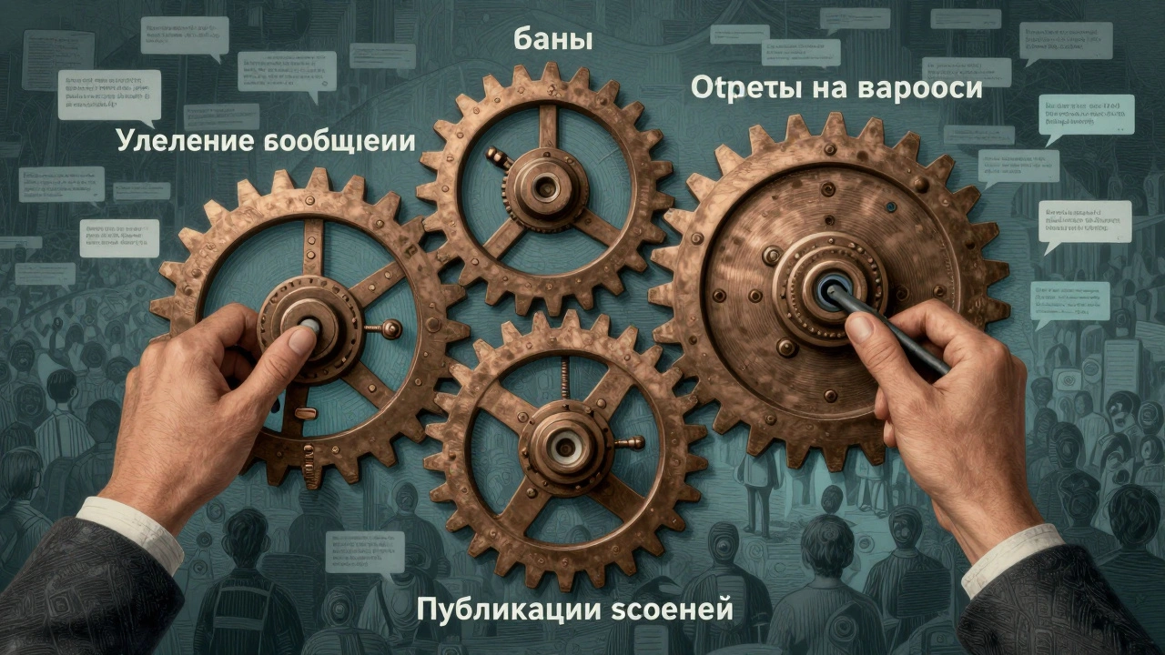 Механическая схема с шестернями, каждая из которых отвечает за одну функцию модерации в Telegram.