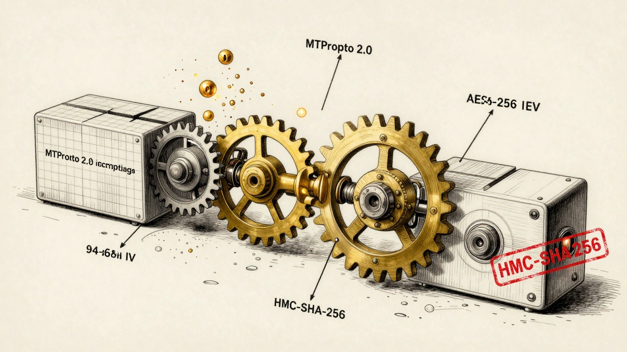 Механическая схема шифрования MTProto 2.0: блоки сообщений, шестерёнки AES и RSA, ключи и векторы инициализации.